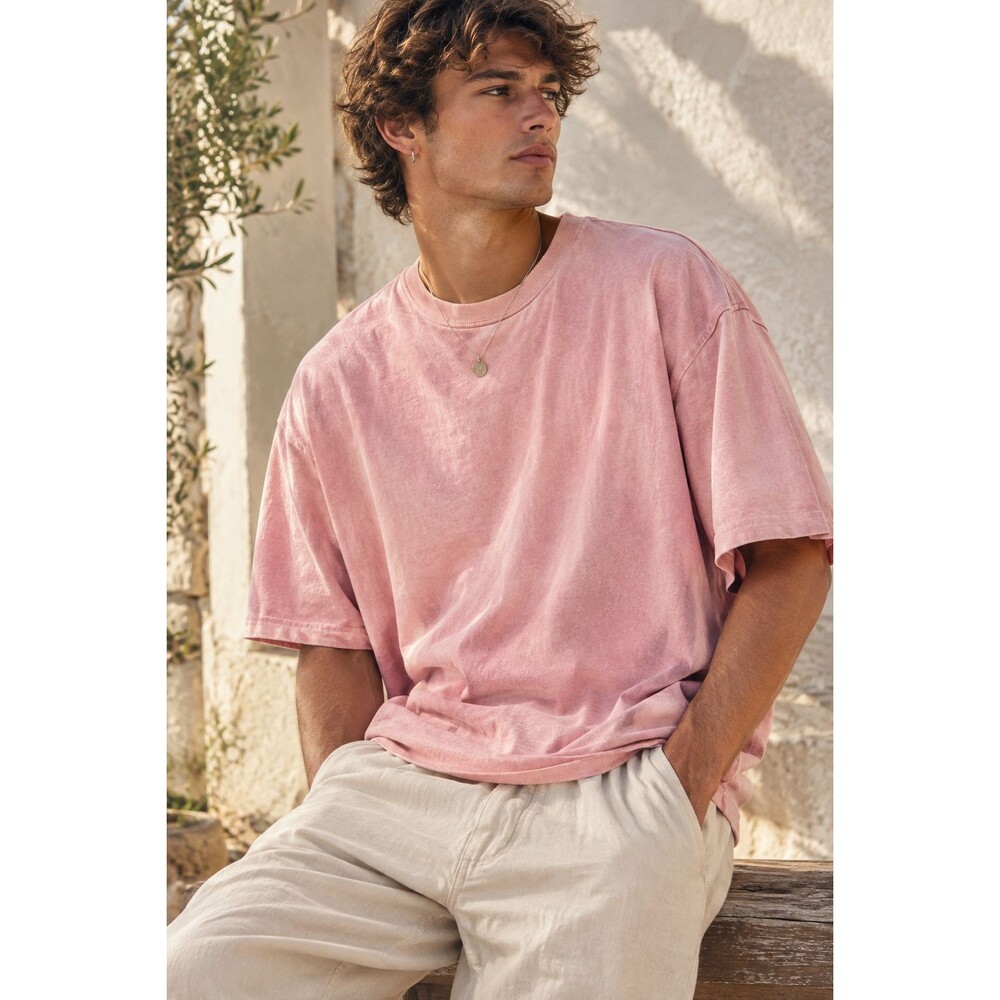 Time Space Men's L Pink Oversized T Shirt 100% Cotton Crew Neck Streetwear